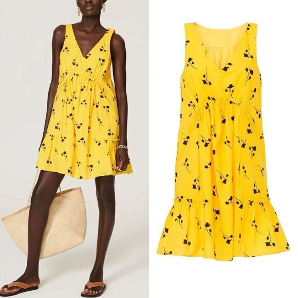 THAKOON Mini Shift Dress Women 4 Yellow Floral Ruffle Sleeveless Cotton V-Neck - Picture 14 of 14